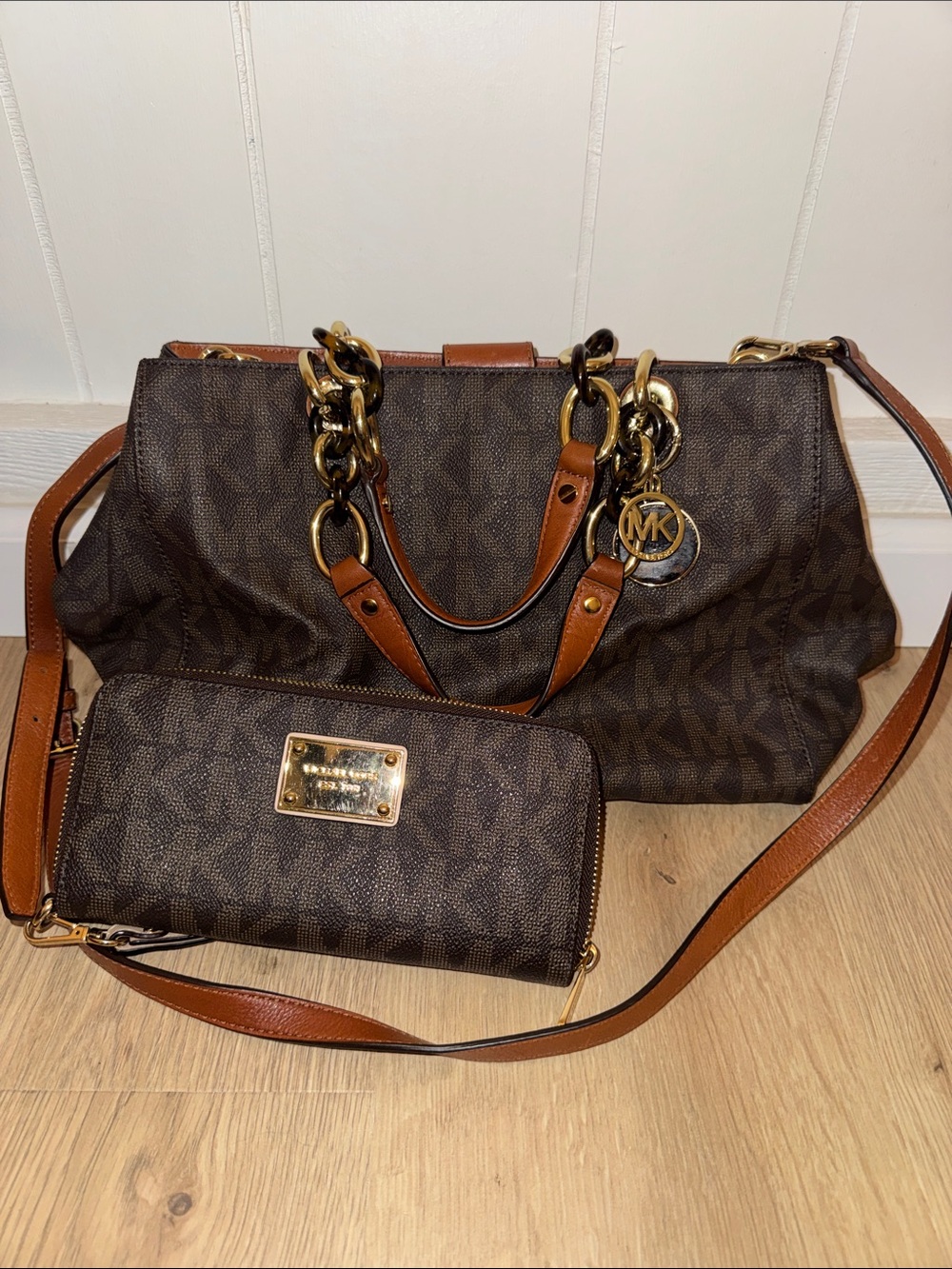 Michael Kors Dark Brown Signature Tote with Chestnut Trim and Wallet